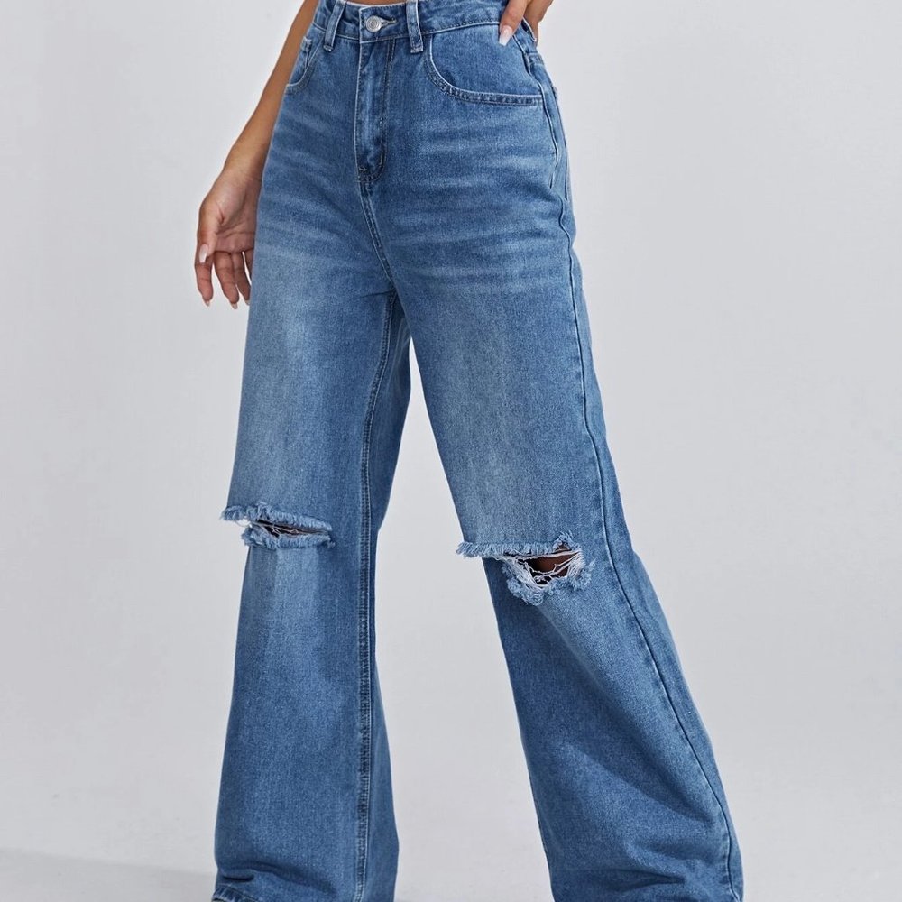 SHEIN High Waist Ripped Wide Leg Jeans